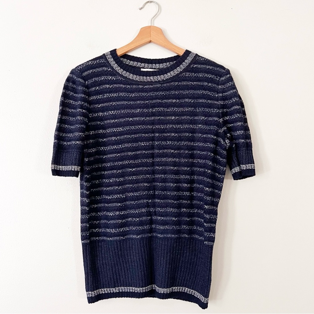 ST JOHN Sport Sweater Blouse Womens Navy Stripe Short Sleeve Medium